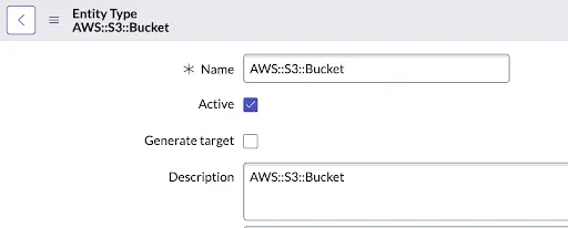 Screenshot of a ServiceNow GRC Entity Type configuration for AWS::S3::Bucket, displaying entity-level compliance tracking. The view includes entity metadata, status toggles, and a list of associated AWS S3 buckets for compliance monitoring and control mapping.