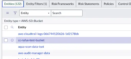 Screenshot of a ServiceNow GRC Entity Type configuration for AWS::S3::Bucket, displaying entity-level compliance tracking. The view includes entity metadata, status toggles, and a list of associated AWS S3 buckets for compliance monitoring and control mapping. 