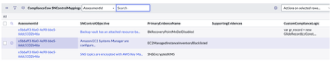 ComplianceCow SNControlMappings table showing how ComplianceCow assessments map to ServiceNow control objectives. Each row includes the Assessment ID, control objective, primary evidence name, supporting evidence references, and optional custom compliance logic using GlideRecord scripts. This interface enables automated control validation with customizable mapping logic.