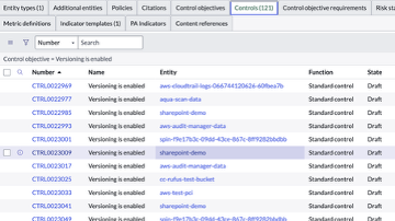 Expanded view of a ServiceNow GRC control objective configuration for “Versioning is enabled,” showing 121 associated controls linked to various AWS and on-prem entities. The compliance score is 0%, and each control is listed in draft state under a ComplianceCow NIST Assessment.