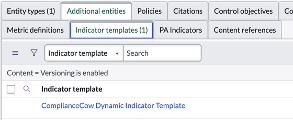 Screenshot of a ServiceNow GRC control objective screen for “Versioning is enabled,” highlighting a linked ComplianceCow Dynamic Indicator Template. The indicator template automates testing of control compliance tied to the PR.IP-3 NIST control under a 0% compliance score.