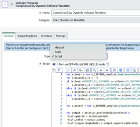 Configuration screen for the ComplianceCow Dynamic Indicator Template in ServiceNow GRC, showing a scripted method selected for automated control testing. JavaScript logic defines how assessment data is retrieved, evaluated, and passed or failed based on entity-specific compliance results.