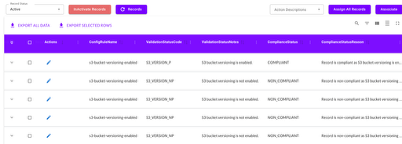 ComplianceCow compliance validation dashboard displaying control results for the rule “s3-bucket-versioning-enabled.” The table shows validation codes, compliance status, and reasoning for each record. One record is marked COMPLIANT, while the rest are NON_COMPLIANT due to disabled versioning. Platform UI includes export options, bulk record assignment, and status filtering for active compliance records.