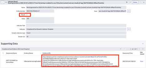 Detailed result view in ServiceNow for an indicator generated by the ComplianceCow Dynamic Indicator Template. The record shows a failed result for the control "Versioning is enabled" on an AWS CloudTrail S3 bucket. Supporting data includes a link to the ComplianceCow evidence file, assessment metadata, and sample size used for the evaluation.