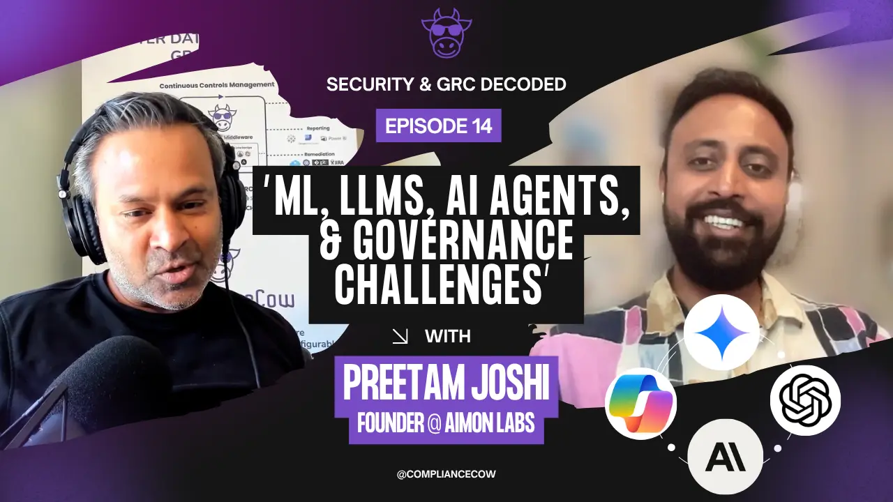 Podcast thumbnail for "Security & GRC Decoded - Episode 14" featuring the title “ML, LLMs, AI Agents, & Governance Challenges.” The left side shows host Raj Krishnamurthy wearing headphones and speaking into a microphone. The right side shows guest Preetam Joshi, smiling, with the label “Preetam Joshi, Founder @ Aimon Labs” in bold purple text. Logos of AI-related tools, including OpenAI and other AI icons, are overlaid at the bottom. The background includes the ComplianceCow logo and branding.