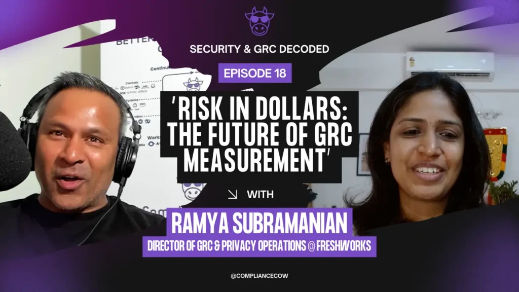 Podcast thumbnail for Security & GRC Decoded Episode 18 featuring Ramya Subramanian, Director of GRC & Privacy Operations at Freshworks, with the title ‘Risk in Dollars: The Future of GRC Measurement’ alongside host Raj Krishnamurthy.