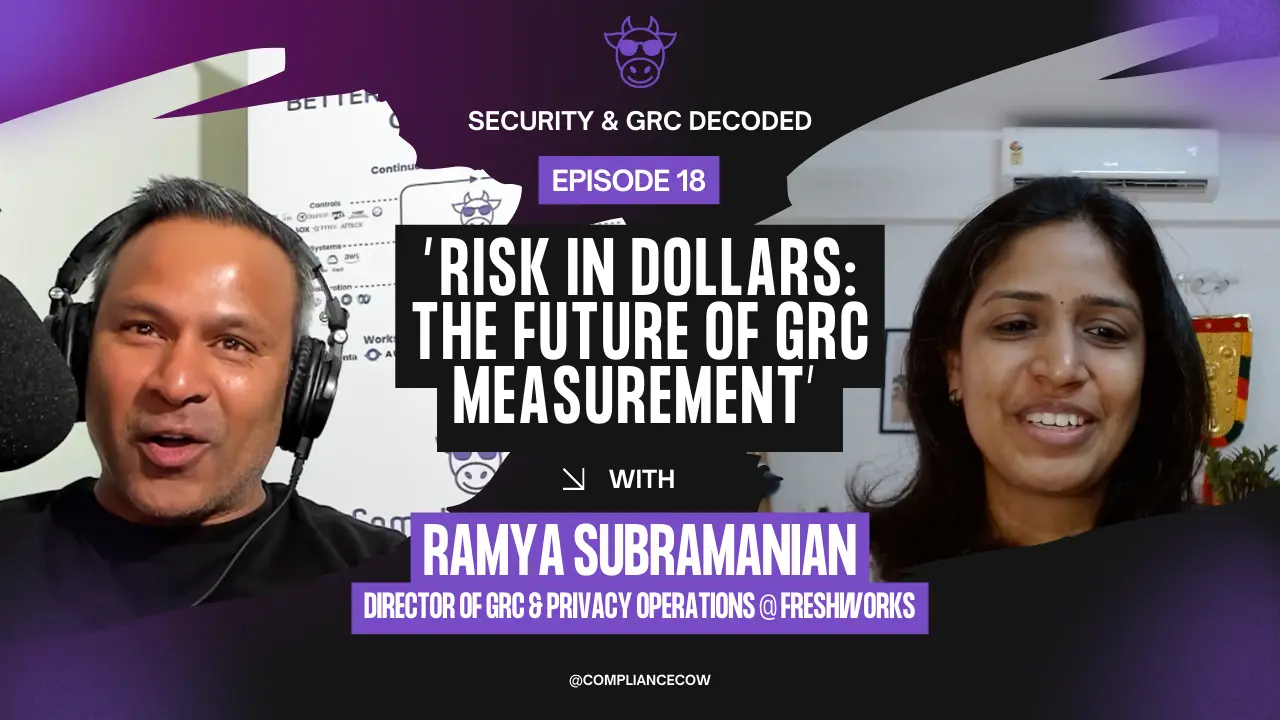 Podcast thumbnail for Security & GRC Decoded Episode 18 featuring Ramya Subramanian, Director of GRC & Privacy Operations at Freshworks, with the title ‘Risk in Dollars: The Future of GRC Measurement’ alongside host Raj Krishnamurthy.